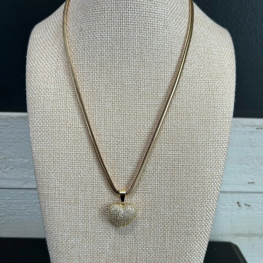 NWOT-18K Gold Filled Snake Chain Necklace w/ Puffy Heart Pendant | AAA CZ | 18”